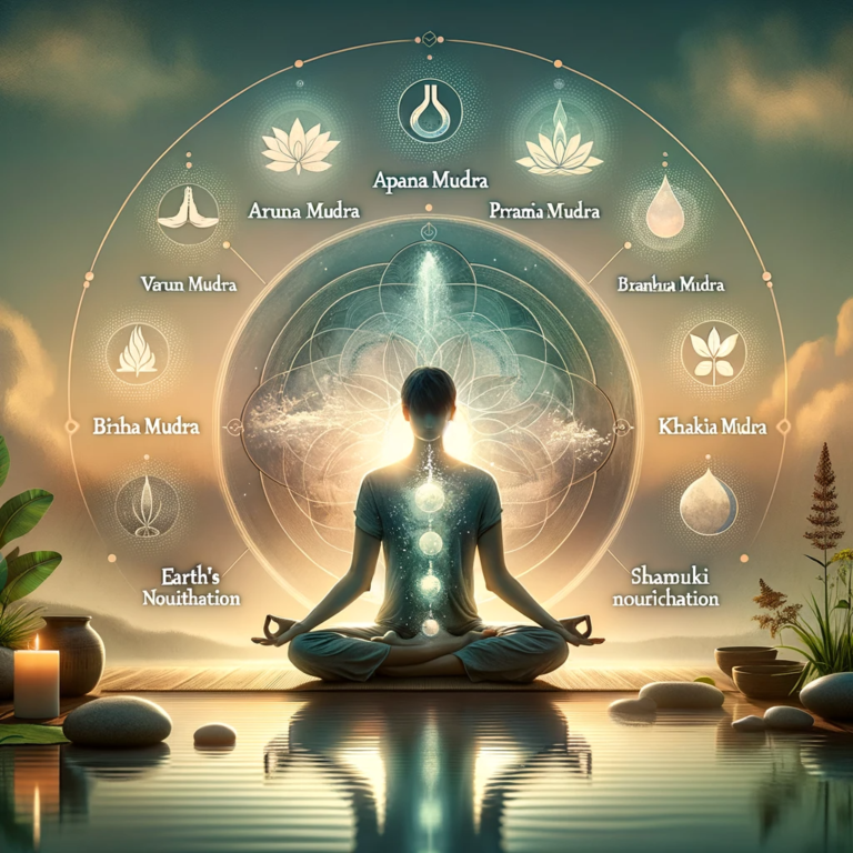 A tranquil seren environment. With a person meditating. And different mudras written around