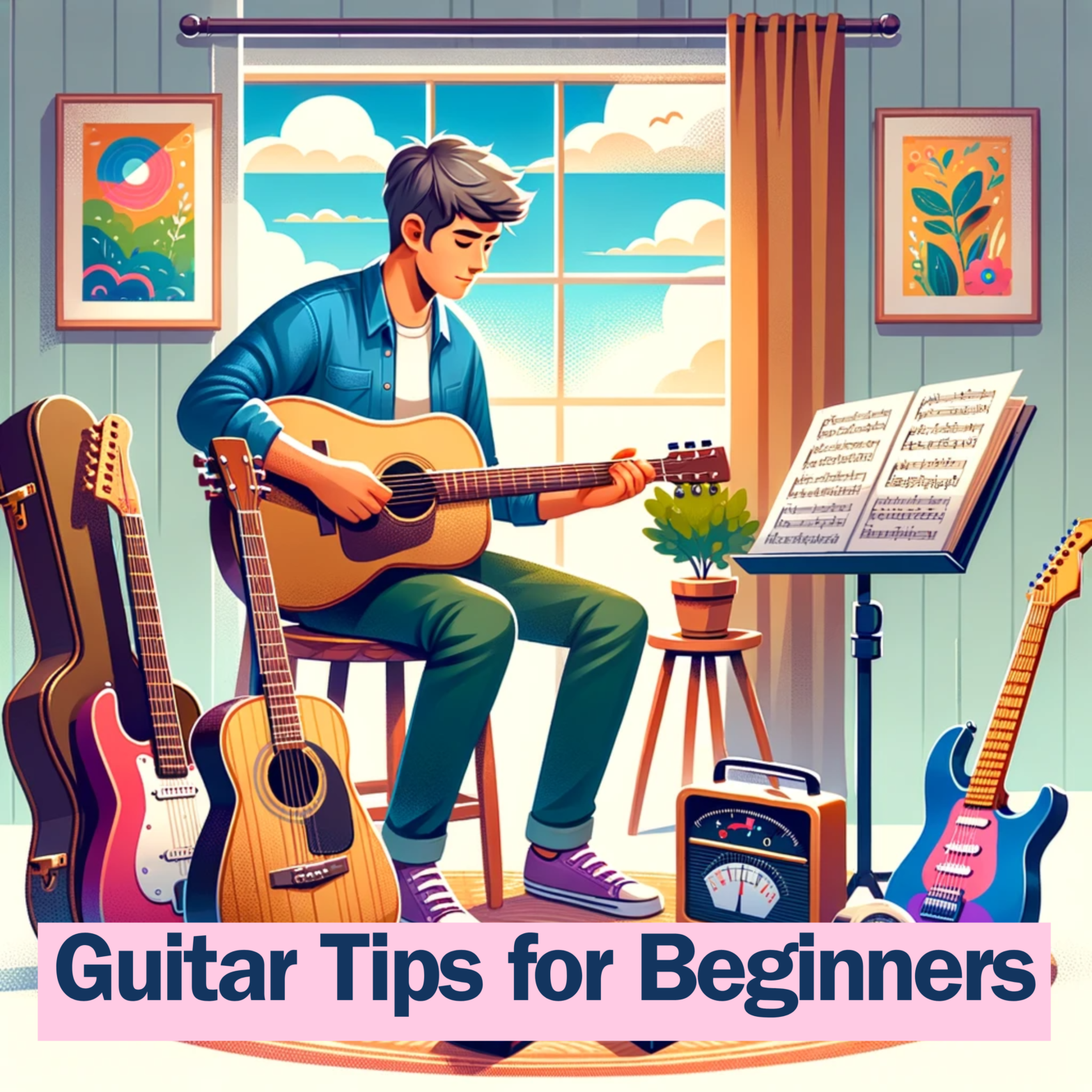 image that visually represents the article about "Guitar Tips for Beginners," featuring various elements related to the topic.