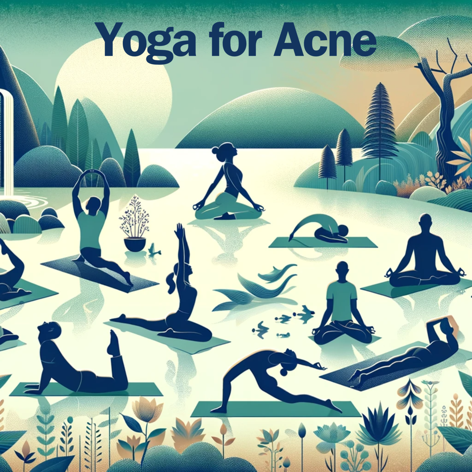 image illustrating various yoga poses in a serene and peaceful setting, beneficial for skin health and acne management. The image features a tranquil background with nature elements and a diverse group of individuals practicing yoga.