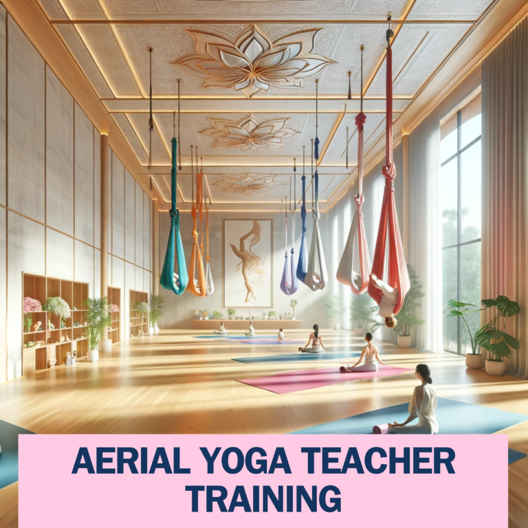 the image depicting a serene and elegant aerial yoga studio, reflecting the atmosphere of The Pink Lotus Academia's teaching philosophy.