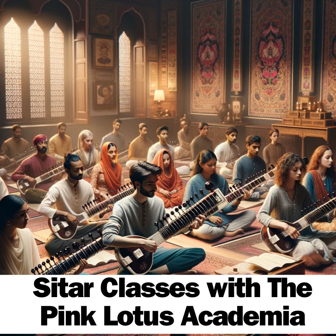 A diverse group of students of various ages and ethnicities attentively learning the sitar in a traditional Indian classroom at The Pink Lotus Academia, surrounded by ornate decorations, tapestries, cushions, and warm, dim lighting, embodying a serene and culturally rich atmosphere