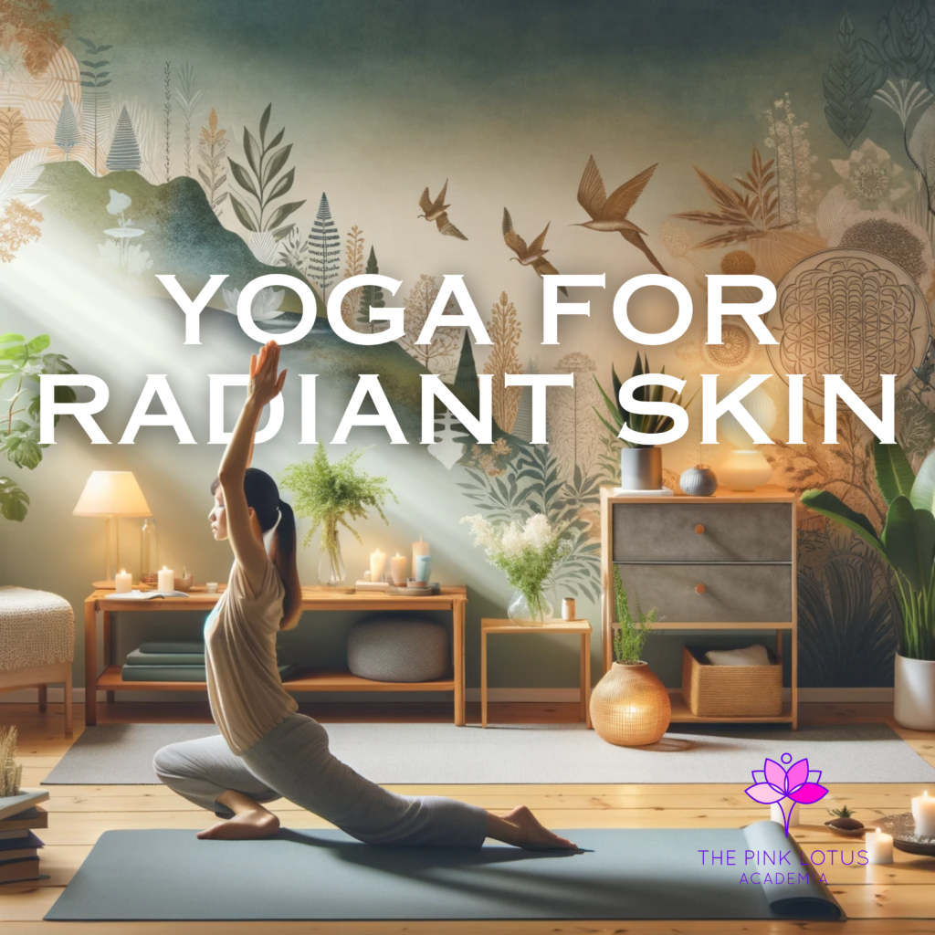 realistic depiction of a tranquil home yoga setting focused on promoting radiant and glowing skin.