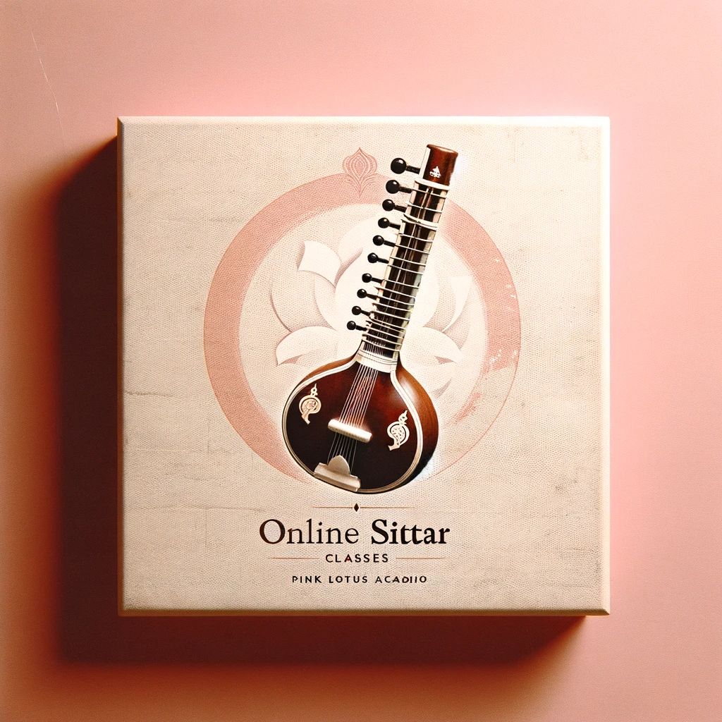 The image shows a beautifully designed Sitar set against a serene and subtle background. The Sitar, with its intricate detailing and classic shape, stands as a symbol of traditional Indian music. The background is calm and minimalist, reflecting the modern approach to online learning. This composition artistically represents the fusion of the ancient art of Sitar playing with the convenience and accessibility of modern online classes offered by Pink Lotus Academia.