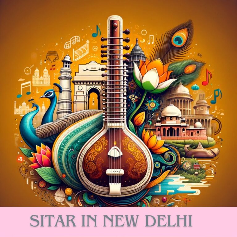 Artistic depiction of a beautifully designed sitar, encapsulating the essence of Delhi and Indian classical music, with symbolic elements like musical notes and a peacock feather, set against a backdrop featuring Delhi's iconic landmarks such as the India Gate and Lotus Temple.