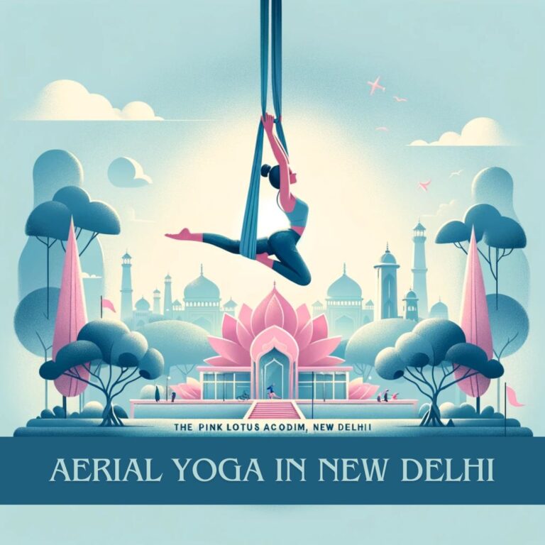 A practitioner engages in an aerial yoga pose, gracefully suspended against the picturesque backdrop of The Pink Lotus Academia, with the iconic New Delhi skyline, symbolizing the blend of traditional practice and modern urban life.