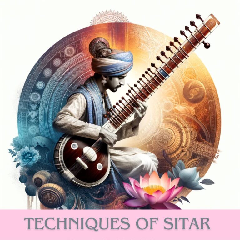 An image depicting a sitar player deeply engaged in playing, showcasing the Maihar Gharana style, with elements representing North and South Indian classical music and subtle symbols of The Pink Lotus Academia in the background, capturing the essence of traditional Indian music culture
