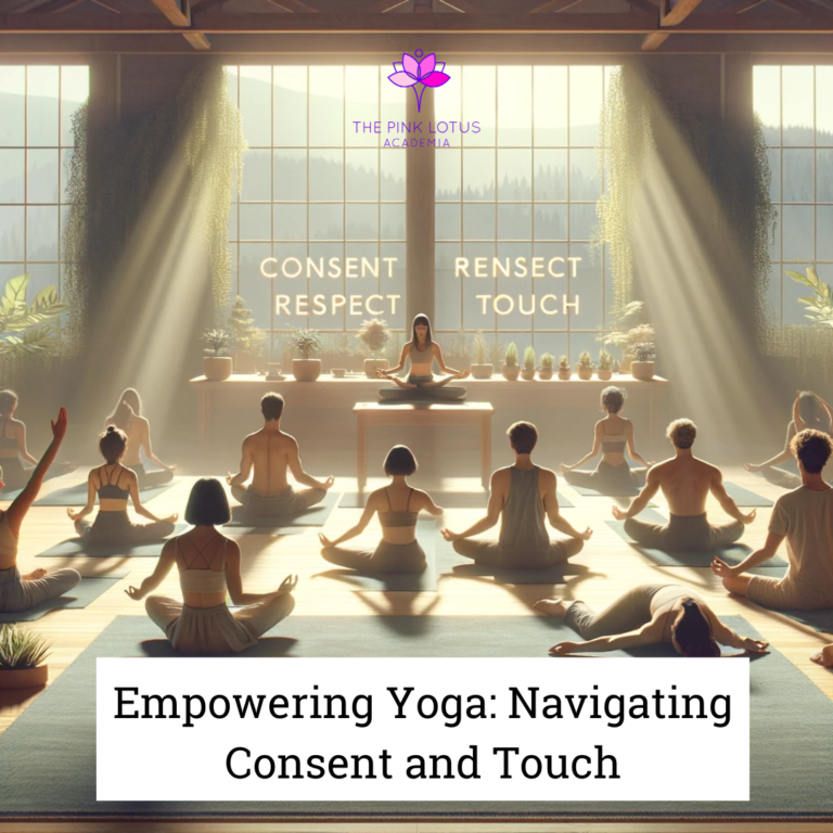 image that visually represents the concept of a serene and inclusive yoga class environment, emphasizing the principles of consent and respectful touch in yoga practice.