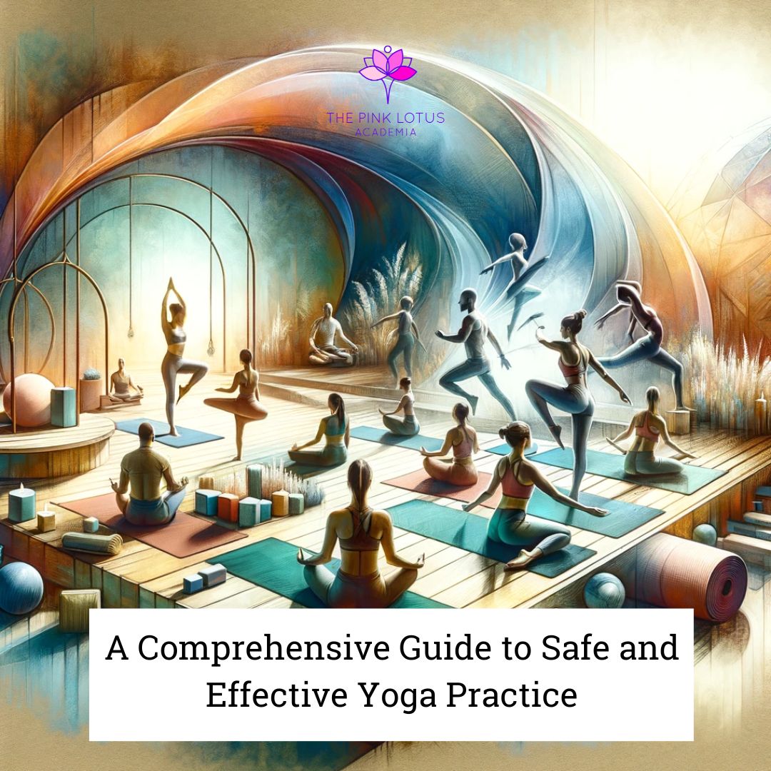 image that visually represents the concept of a safe and personalized yoga practice. This artistic depiction illustrates a serene and inclusive environment, showcasing a diverse group of individuals engaging in yoga with mindful techniques