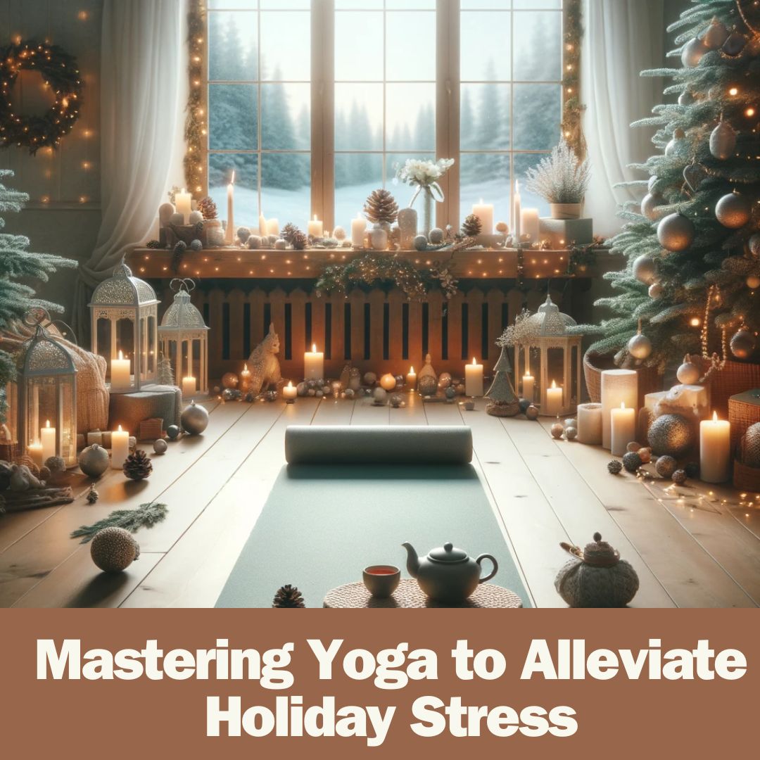 A cozy and peaceful holiday-themed yoga room with soft, warm lighting. A yoga mat is at the center, surrounded by pine cones, candles, and small festive ornaments. A nearby table holds a teapot and cup, symbolizing warmth and relaxation. Large windows reveal a snowy landscape outside, contributing to the tranquil atmosphere.