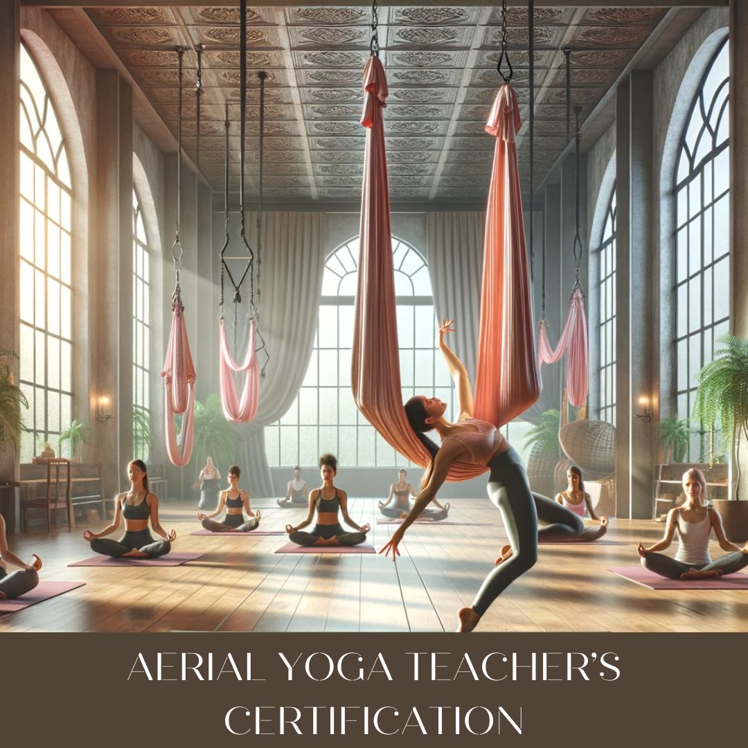 Spacious and elegant yoga studio at The Pink Lotus Academia, with an instructor demonstrating an aerial yoga pose in a silk hammock to a group of attentive students, embodying grace and expertise in a serene, naturally lit learning environment.