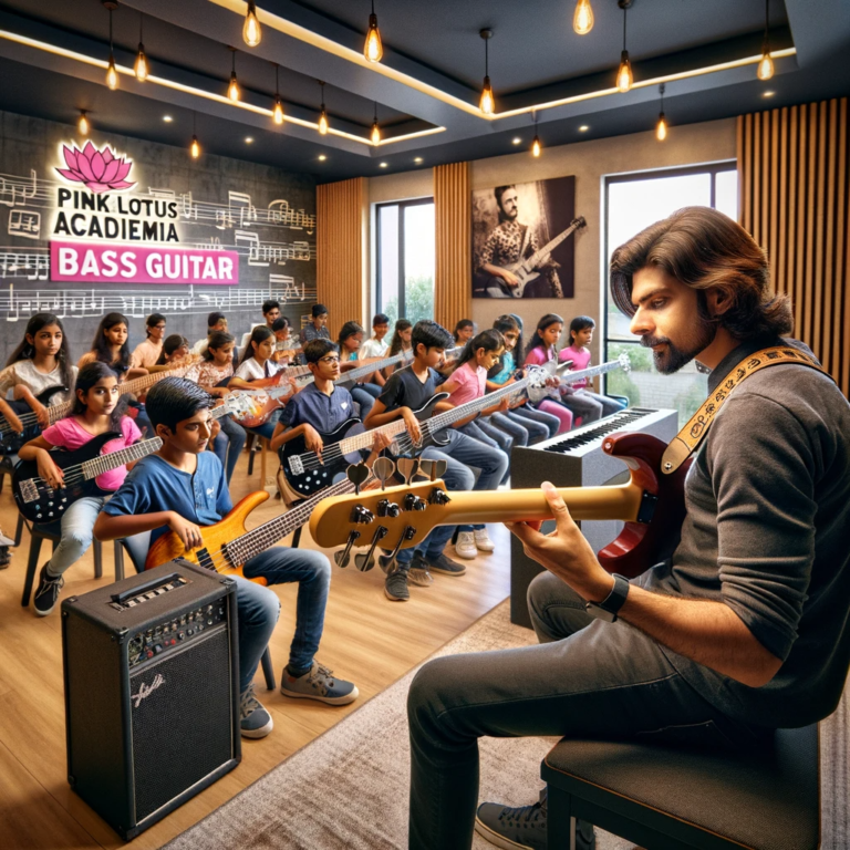 A lively bass guitar class in progress at The Pink Lotus Academia in New Delhi, featuring an instructor demonstrating techniques to a group of engaged students, surrounded by a music-themed classroom ambiance.