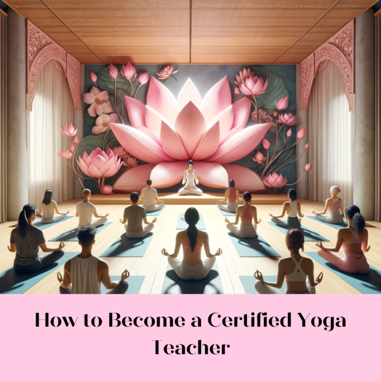 Serene yoga studio with students in a yoga session, guided by an instructor in a peaceful setting. The studio is beautifully decorated with pink lotus motifs, representing the Pink Lotus Academia, and exudes a calming ambiance, illustrating the perfect blend of traditional and contemporary yoga practices