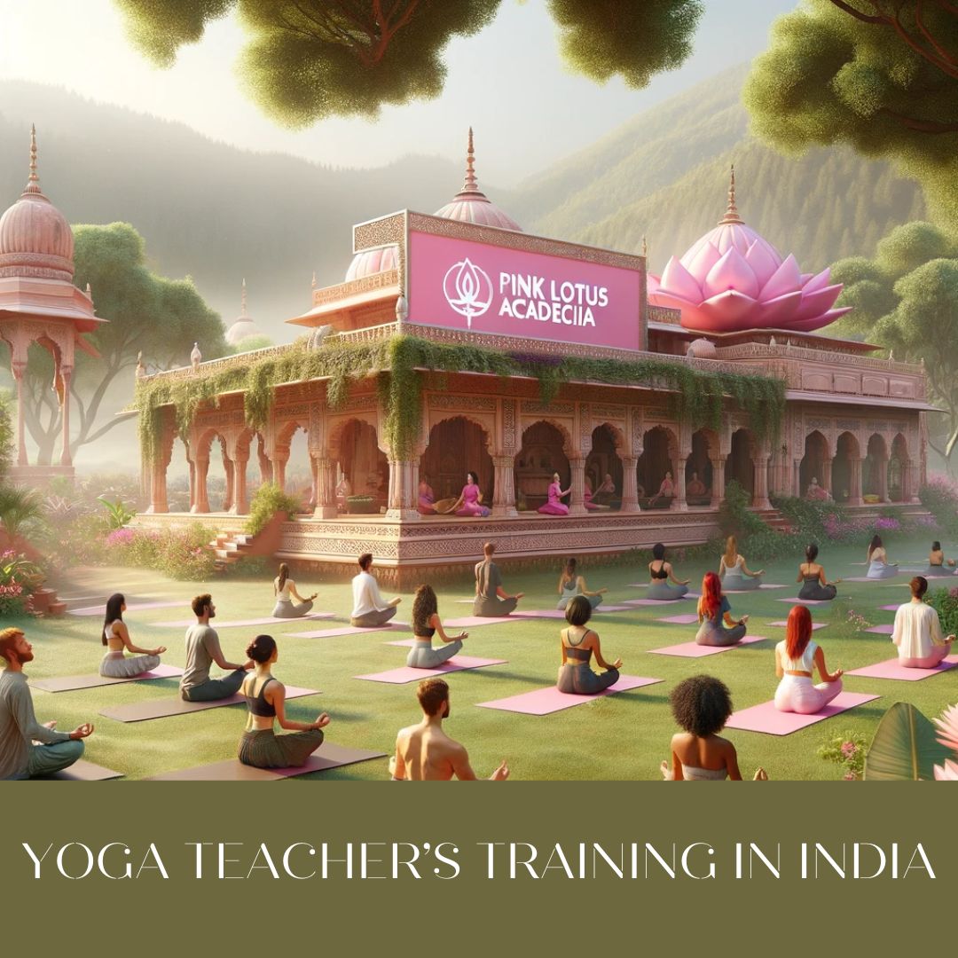 A diverse group of yoga students practicing in a tranquil outdoor setting at Pink Lotus Academia in India, with lush greenery and traditional architecture in the background, reflecting the academy's serene and spiritual atmosphere for yoga teacher training