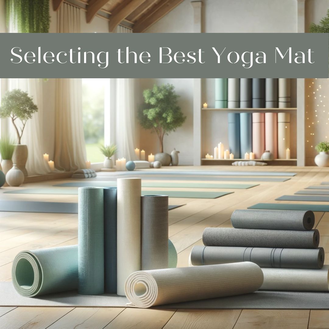 A diverse array of yoga mats in different materials and colors displayed in a tranquil yoga studio, symbolizing the choices in selecting the ideal yoga mat for one's practice.