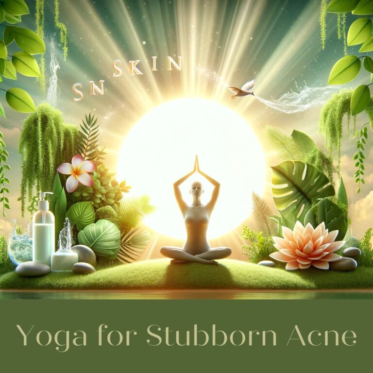 A serene yoga setting depicting a person in a yoga pose amidst nature, symbolizing the harmony of yoga with skin health. The image is infused with elements like clear water, lush greenery, and a radiant sun, emphasizing yoga's role in promoting skin wellness and combating stubborn acne.