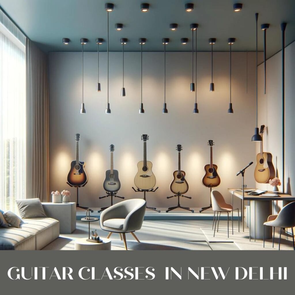 A 3D-rendered image of a serene and inspirational music studio dedicated to guitar learning, featuring soft, natural light. The studio showcases high-quality guitars on sleek stands, a comfortable seating area for students and teachers, and subtle musical decorative elements. The ambiance conveys calm, focus, and inspiration, inviting students into the world of guitar music