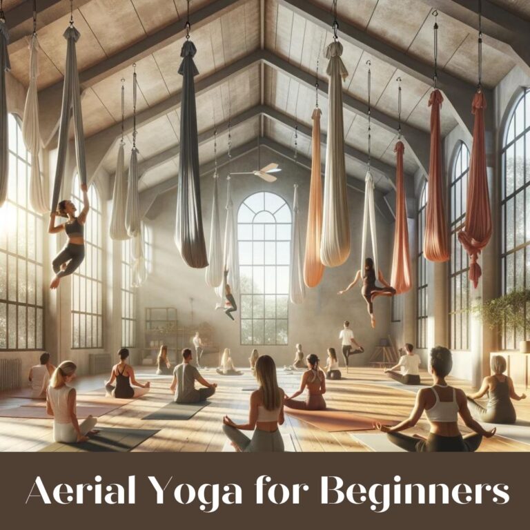 A serene and inviting yoga studio illuminated by natural light, with individuals of various backgrounds practicing aerial yoga. The studio is spacious with high ceilings and large windows, showcasing aerial silk hammocks in use. An instructor guides participants through beginner poses, creating a calm, supportive atmosphere that fosters community and personal growth. The interior combines modern minimalism with vibrant colors, encapsulating the dynamic energy and peaceful essence of aerial yoga