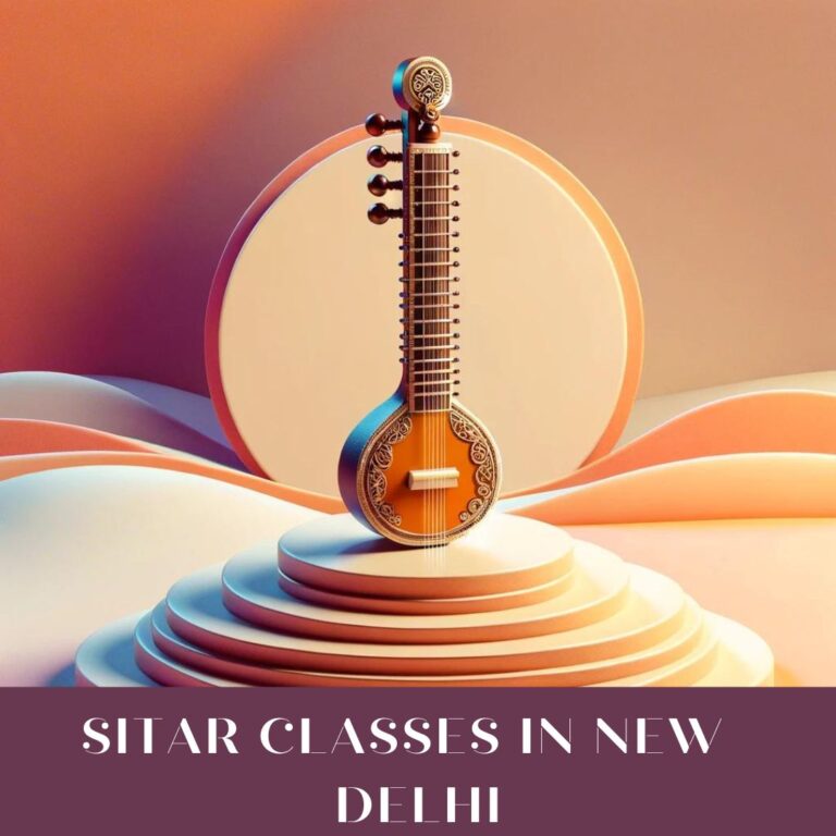 A minimalist 3D rendering of a Sitar placed against a serene, soft-colored background, symbolizing the calm and rich tradition of Indian classical music, perfect for an article about Sitar classes in New Delhi.