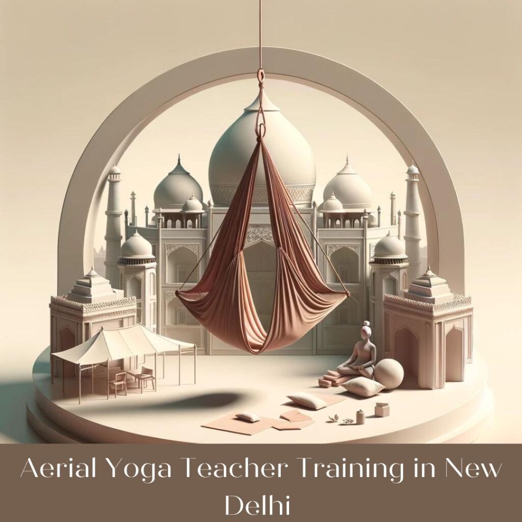 A serene and harmonious 3D representation of Aerial Yoga Teacher's Training in New Delhi, featuring a silk hammock with the backdrop of New Delhi's cultural essence, invoking tranquility and the spiritual yoga journey.