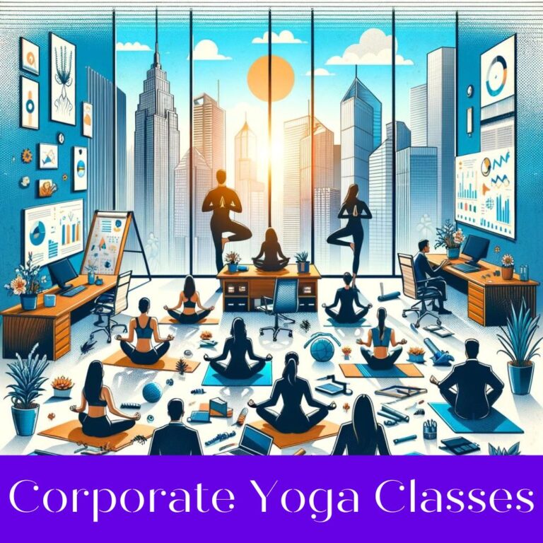 Employees in an office setting engaging in yoga poses with yoga mats, showcasing a serene atmosphere that merges work with well-being, reflecting the concept of Corporate Yoga Classes at The Pink Lotus Academia.