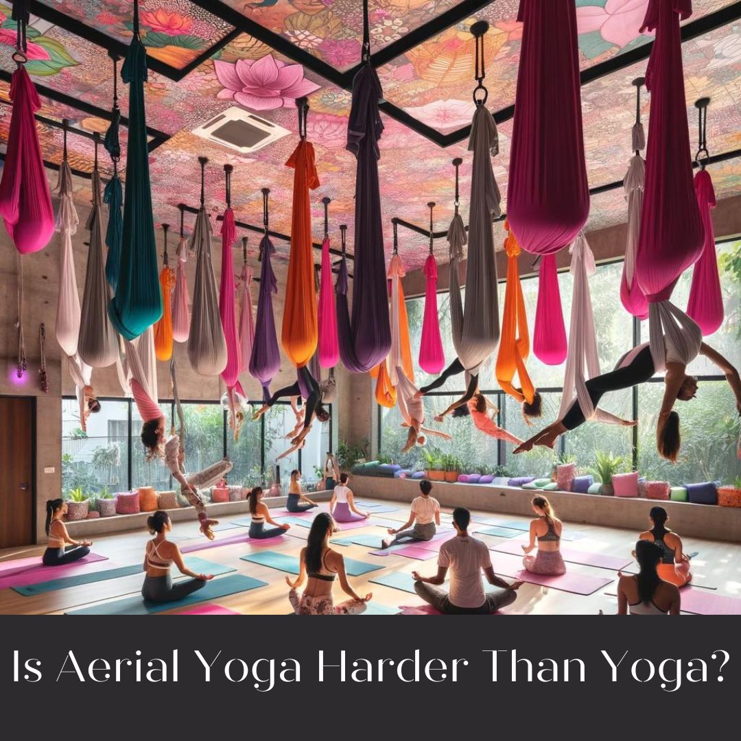 Participants engaging in aerial yoga at The Pink Lotus Academia in New Delhi, with colorful hammocks in a naturally lit studio, guided by a skilled instructor, showcasing the serene and supportive atmosphere of exploration and wellness.