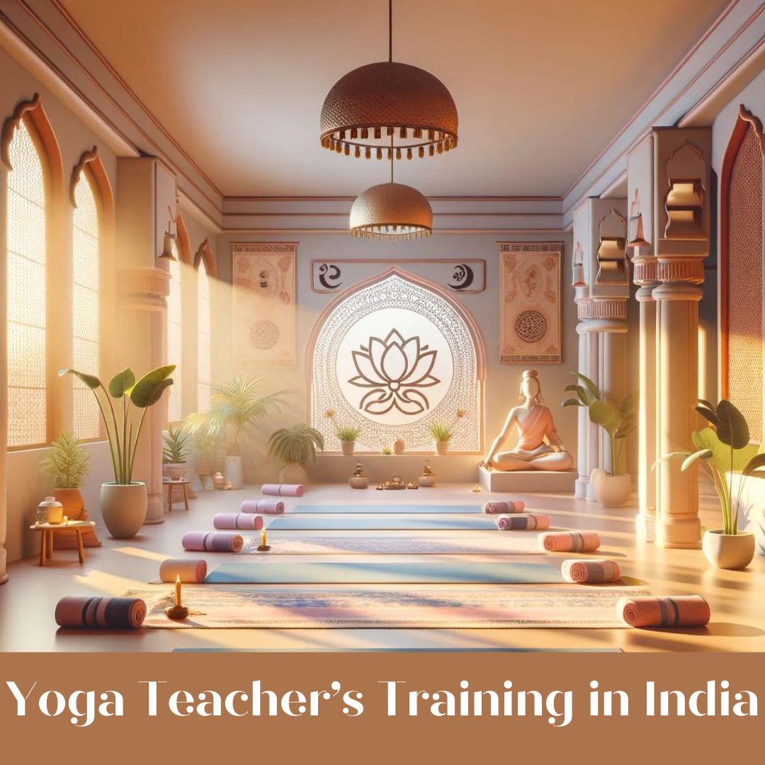 A tranquil 3D minimalistic yoga studio at The Pink Lotus Academia in India, bathed in the golden light of the setting sun, with yoga mats laid out and traditional Indian decor, embodying the serene learning environment of the academy's Yoga TTC.
