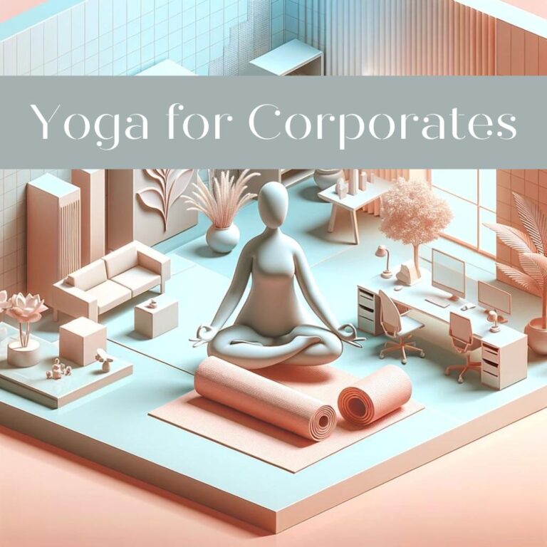 The image is a 3D minimalistic and aesthetic depiction of Corporate Yoga by The Pink Lotus Academia, featuring a serene and professional office environment with a yoga mat, symbolizing tranquility, mindfulness, and the integration of yoga into corporate wellness programs.