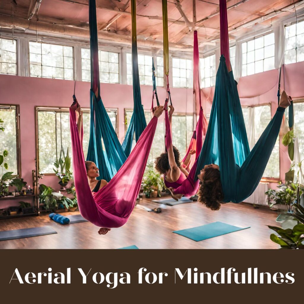 A peaceful aerial yoga class at The Pink Lotus Academia, with participants gracefully suspended in colorful hammocks, guided by an encouraging instructor in a sunlit, plant-filled studio.