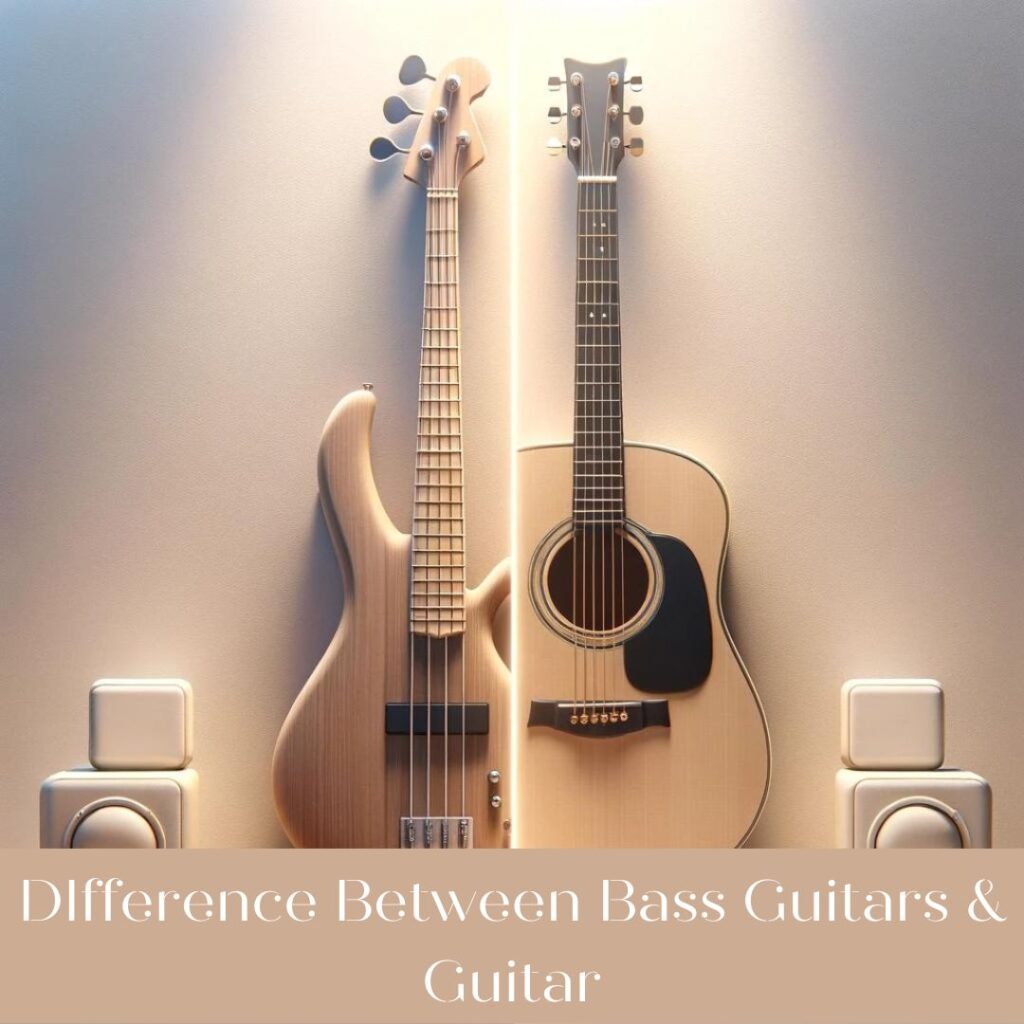A 3D minimalistic image showcasing the distinct shapes and strings of a bass guitar and a guitar against a modern, serene background, highlighting their unique roles in music.