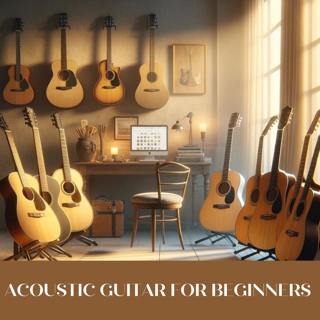 A cozy room illuminated softly, showcasing a variety of acoustic guitars on stands, including classical and steel-string models. Essential guitar accessories like picks, tuners, and a care kit are neatly displayed. In the background, there's a comfortable nook with a chair, guitar books, and a laptop on a course page, inviting beginners to start their musical journey.
