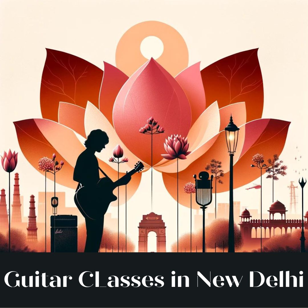 Silhouette of a person holding a guitar against the backdrop of the India Gate, with a lotus flower symbolizing The Pink Lotus Academia, under a warm sunset sky.