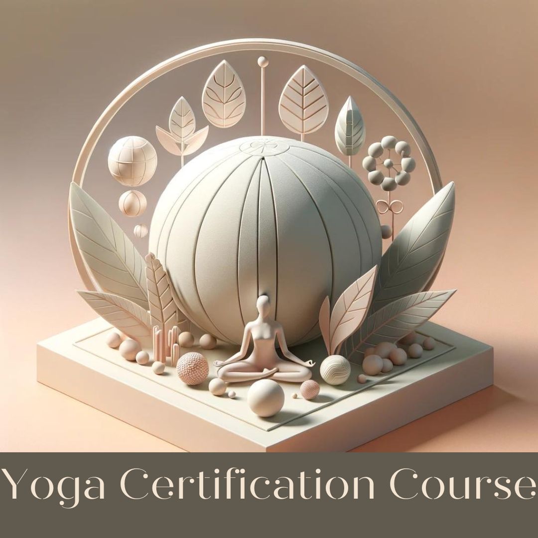 A minimalistic 3D illustration depicting the peaceful and professional essence of a Yoga Certification Course, featuring symbolic elements of growth, learning, and a global yoga community, rendered in a soft, tranquil color palette.