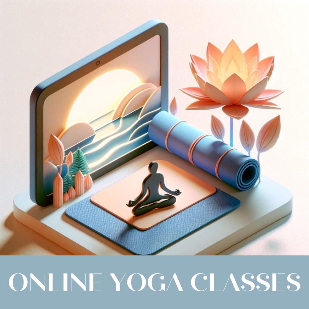 A serene 3D rendered scene featuring a digital tablet displaying a tranquil yoga environment with a rising sun over the hills, next to a folded yoga mat, with a beautifully detailed lotus flower suggesting a peaceful online yoga class setting.