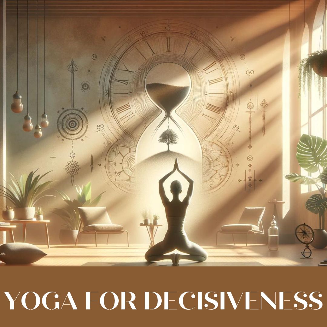 Tranquil yoga studio with a person in tree pose, surrounded by symbols of patience and accountability, such as an hourglass and compass, embodying mindfulness and self-awareness.