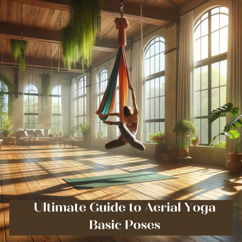A peaceful yoga studio with an individual practicing aerial yoga in a colorful hammock, surrounded by natural light, wooden floors, and green plants, embodying flexibility and tranquility.