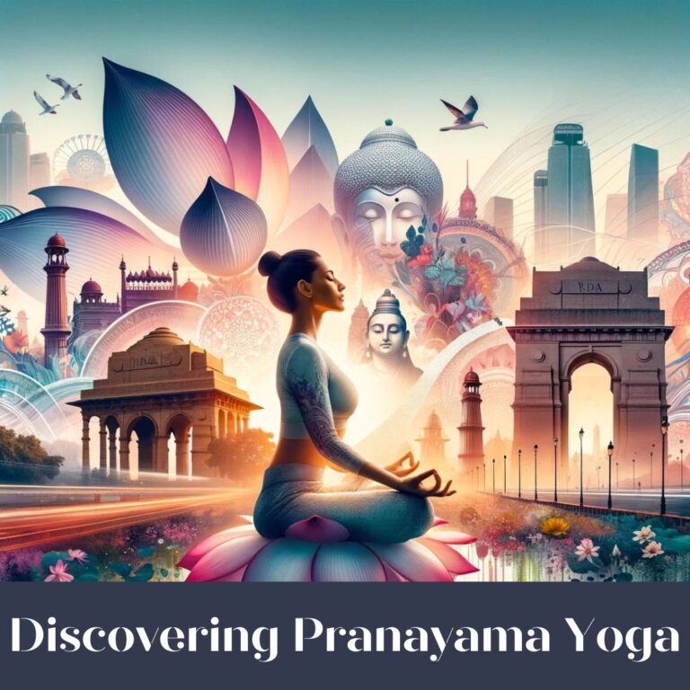 An illustration showing a serene and focused individual practicing Pranayama Yoga in the foreground, with the iconic landmarks of New Delhi, like the India Gate or the Lotus Temple, in the vibrant, energetic background. The image incorporates elements of tranquility such as lotus flowers and soft, flowing fabrics, symbolizing peace and mindfulness in the midst of urban chaos.