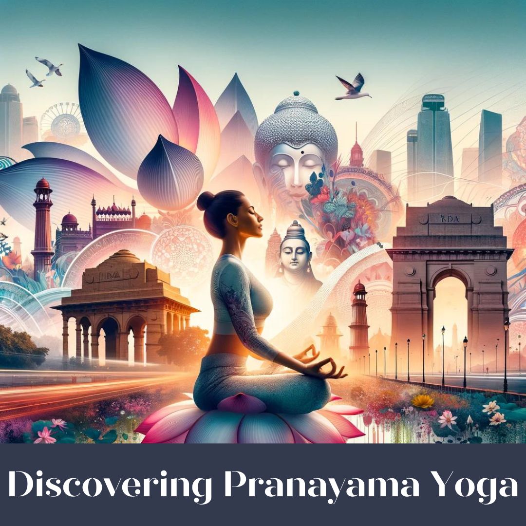 An illustration showing a serene and focused individual practicing Pranayama Yoga in the foreground, with the iconic landmarks of New Delhi, like the India Gate or the Lotus Temple, in the vibrant, energetic background. The image incorporates elements of tranquility such as lotus flowers and soft, flowing fabrics, symbolizing peace and mindfulness in the midst of urban chaos.
