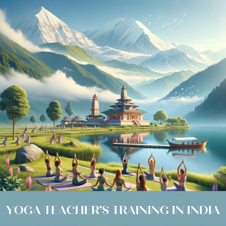 Serene yoga session in the outdoors with the majestic Himalayas in the background, showcasing a group of individuals practicing yoga poses amid lush greenery under a clear blue sky, symbolizing spiritual growth and harmony with nature.