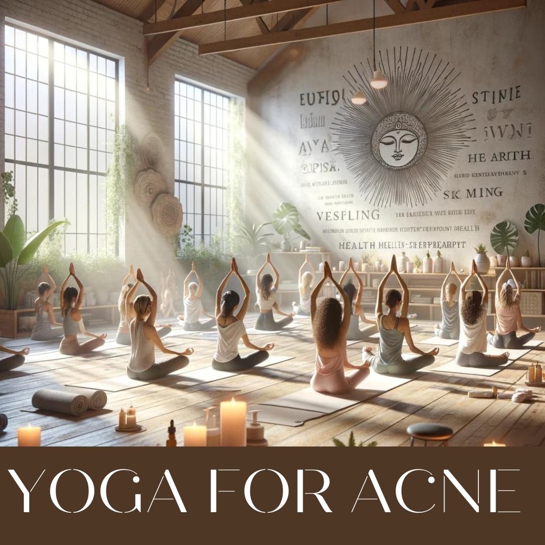 Serene yoga classroom with students practicing under the guidance of an instructor, surrounded by plants and motivational quotes on the walls, embodying a peaceful and holistic approach to health and skincare.