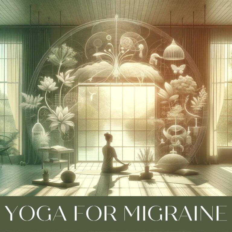 A tranquil yoga studio bathed in soft natural light, featuring a person engaging in yoga poses for headache and migraine relief amidst a setting that evokes a connection with nature, complete with indoor plants and a garden view.