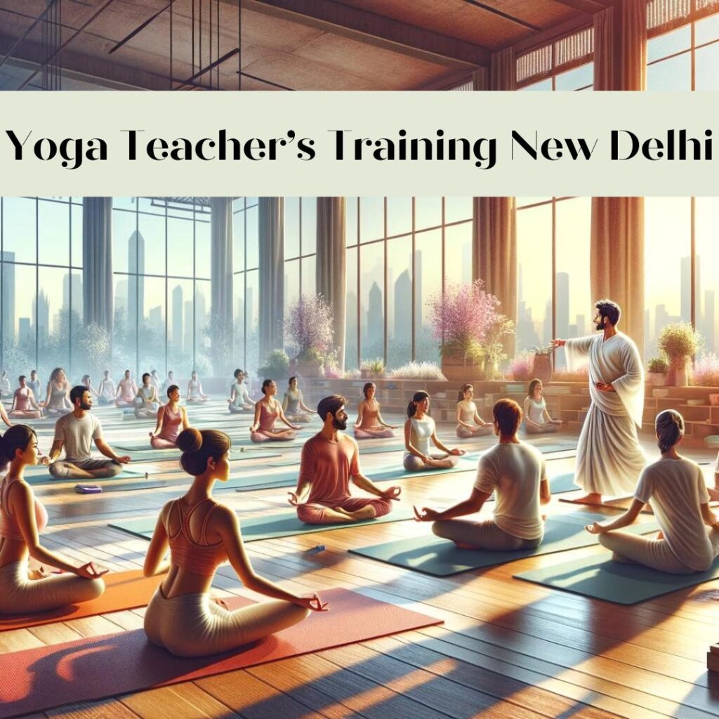 Yoga teacher's training session in a modern studio with large windows in New Delhi, showcasing diverse students practicing various yoga poses under the guidance of an expert instructor, embodying the essence of The Pink Lotus Academia.