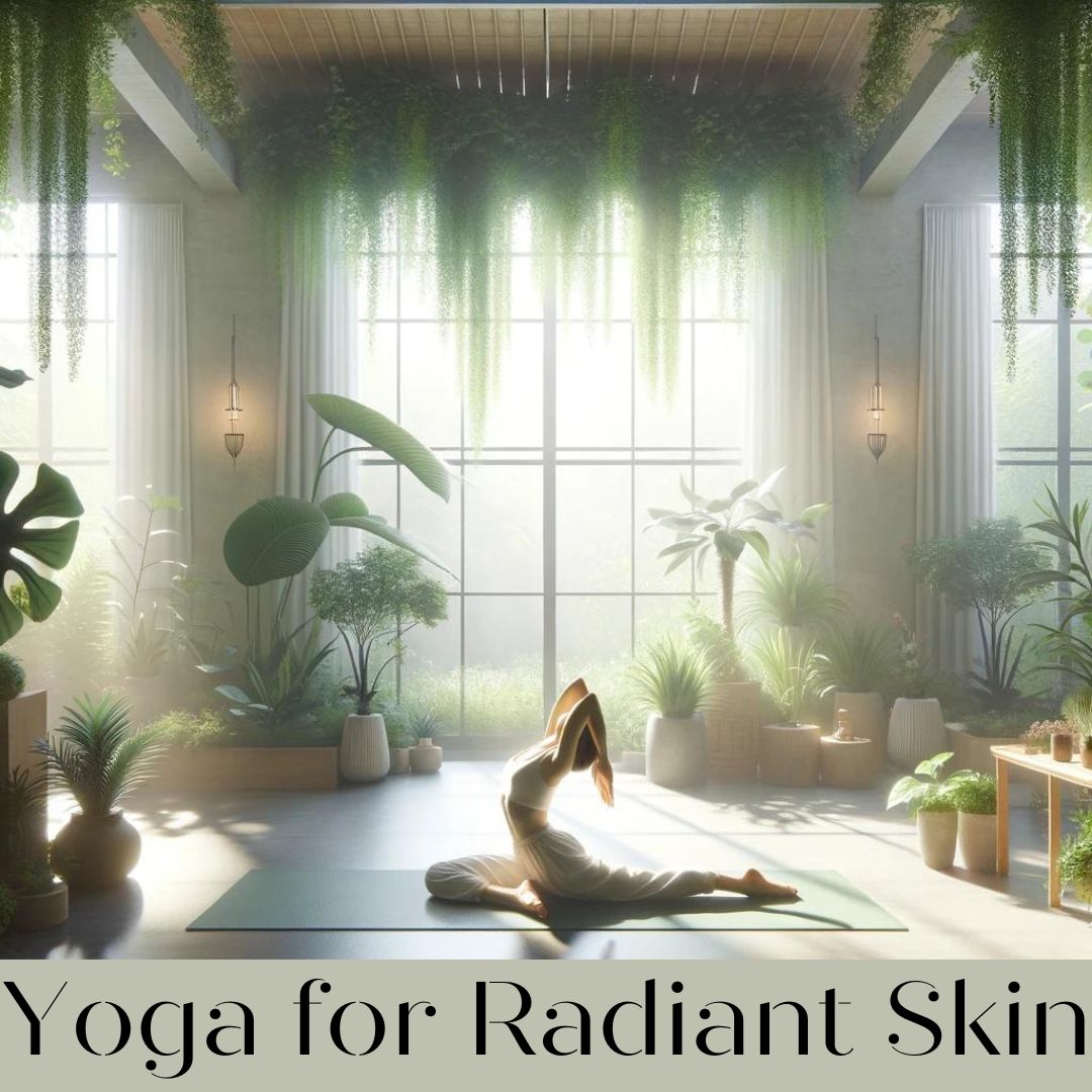 A serene yoga studio with natural light, where a person practices Sarvangasana (Shoulder Stand) pose, surrounded by greenery and soft lighting, symbolizing tranquility and the health benefits of yoga for flawless skin.