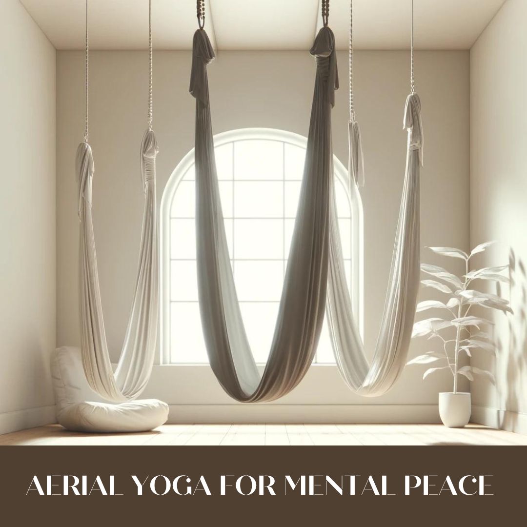 A minimalist and aesthetic depiction of an aerial yoga studio in a style inspired by Van Gogh, featuring smooth flowing silk hammocks and a simple wooden floor, highlighted by soft, natural lighting. The composition is serene with a focus on harmony and tranquility, using a restrained color palette and clean lines.