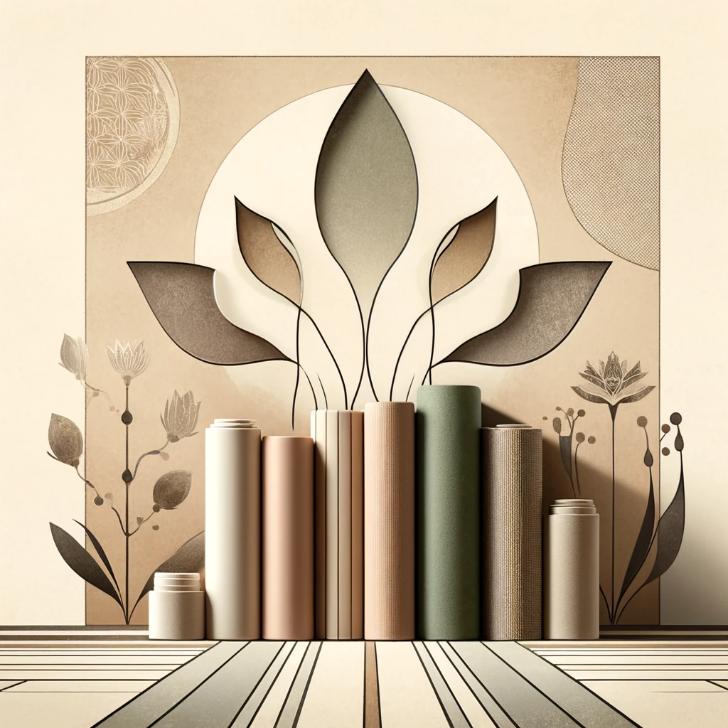 A serene and minimalist illustration featuring a variety of yoga mats aligned against a tranquil, neutral background, adorned with subtle yoga-related patterns and silhouettes in soft, earthy tones, embodying the essence of calmness and focus for yoga practitioners.