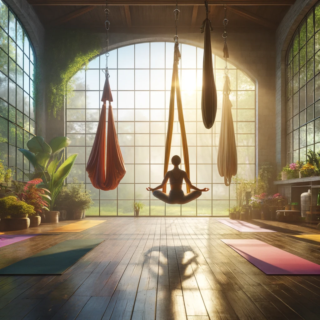 A person practicing aerial yoga, highlighting mental health benefits in a peaceful studio setting.