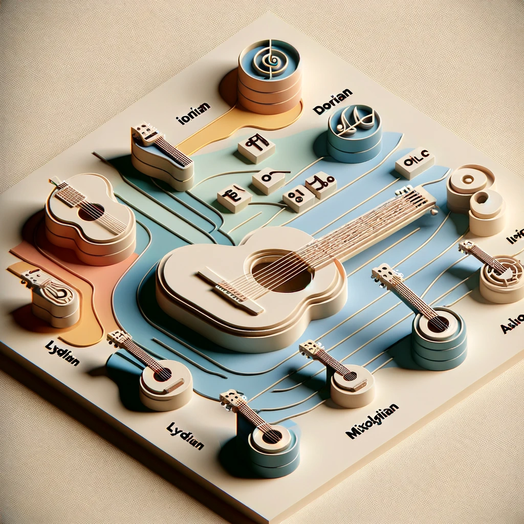 A 3D minimalist representation of guitar modes on a fretboard with abstract shapes in soft colors.