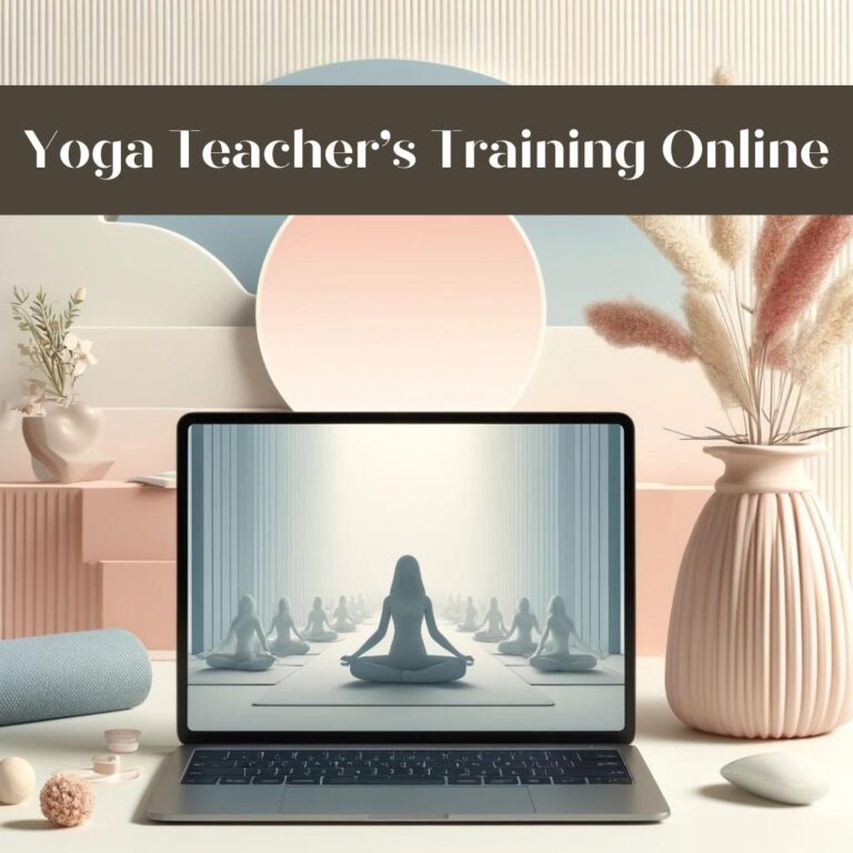 A tranquil and minimalistic image showcasing a serene online yoga class setting. A laptop is open, displaying a virtual yoga session, surrounded by a calming environment with soft pastel colors, evoking a sense of peace and modernity suitable for an article on online yoga teacher training.