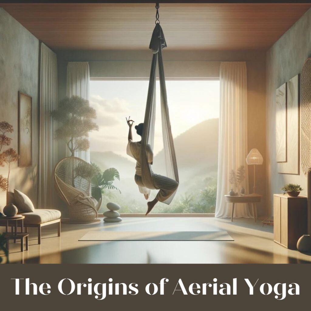 A person performing an aerial yoga pose, gracefully suspended from a silk hammock in a serene studio setting with soft natural lighting and minimalistic decor. The scene exudes calmness and balance, showcasing the fluidity and elegance of aerial yoga