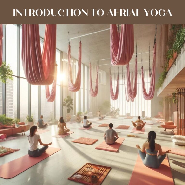 A diverse group of individuals practicing aerial yoga in a modern, spacious studio in New Delhi. Men and women of various ethnicities use pink hammocks for yoga poses. The studio is well-lit with natural light and decorated with green plants, creating a serene and supportive atmosphere