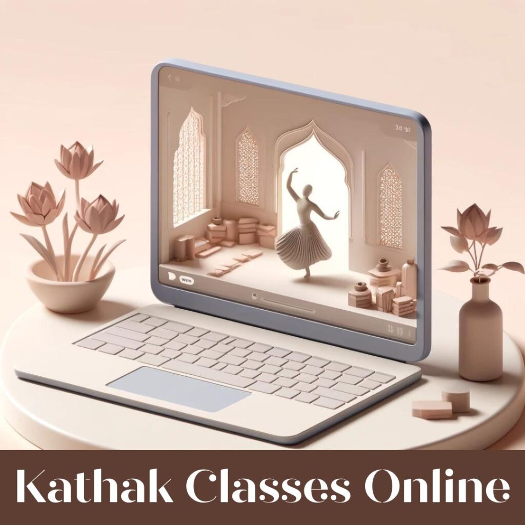 3D minimalistic illustration of an online Kathak class for The Pink Lotus Academia, featuring a laptop displaying a Kathak instructor mid-dance in a serene, artistic setting